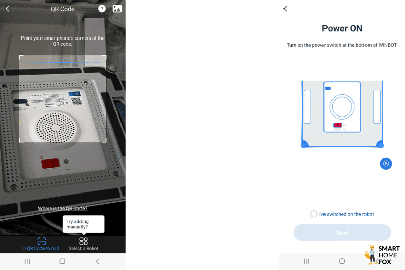 QR-Code des Ecovacs WINBOT W1 PRO wird abgescannt.
